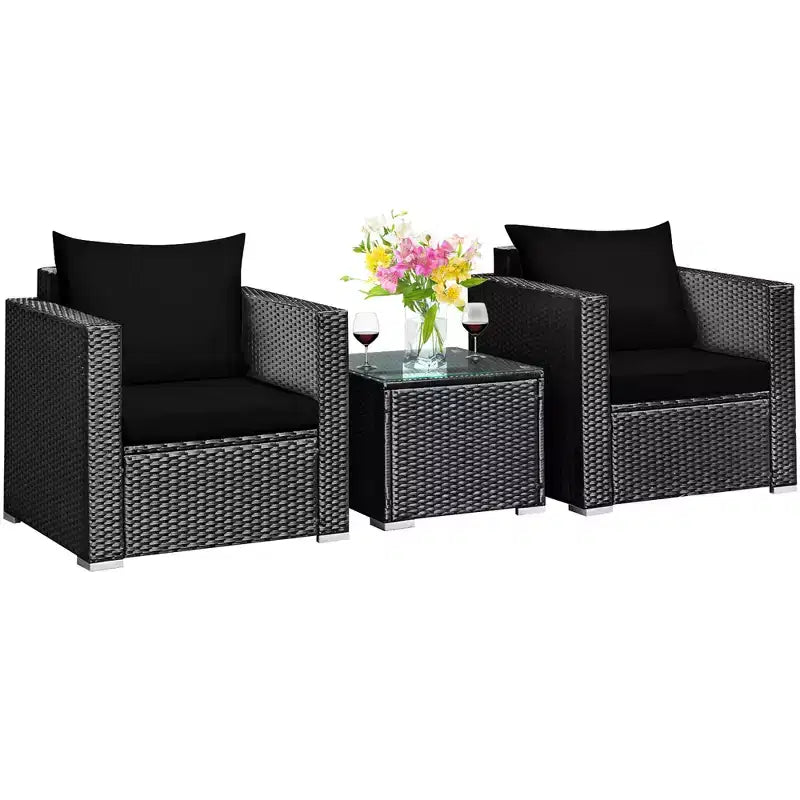 Costway Ensemble de Meubles de Jardin en Rotin 3 pièces Table Basse avec Coussins Rouge\Turquoise\Bleu Marine\Noir