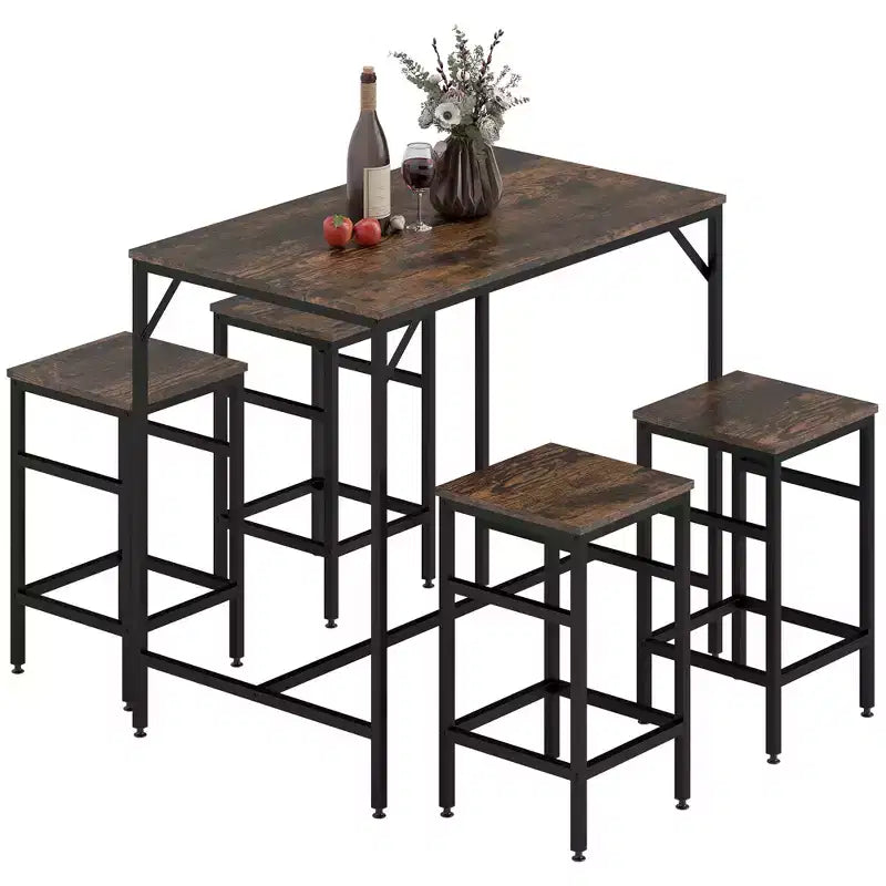 HOMCOM 5-Piece Industrial Dining Table Set, Bar Table & 4 Stools Set, Space Saving for Pub & Kitchen, Black/Brown