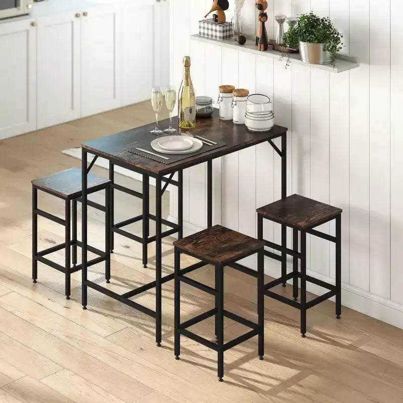 HOMCOM Ensemble Table de Bar Industrielle 5 Pièces avec 4 Tabourets, Compact pour Bar et Cuisine, Noir/Marron