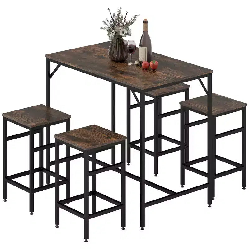 HOMCOM Ensemble Table de Bar Industrielle 5 Pièces avec 4 Tabourets, Compact pour Bar et Cuisine, Noir/Marron