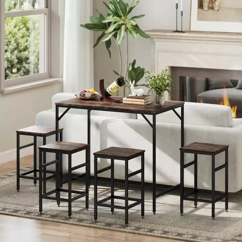 HOMCOM Ensemble Table de Bar Industrielle 5 Pièces avec 4 Tabourets, Compact pour Bar et Cuisine, Noir/Marron
