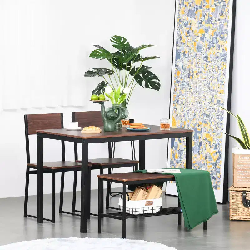 HOMCOM Ensemble de salle à manger industriel 4 pièces avec banc, table de cuisine en bois et chaises avec étagère de rangement pour cuisine, coin repas, noir/marron