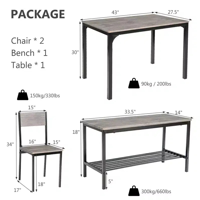 Ensemble table à manger 4 pièces Costway, bureau rustique, 2 chaises et banc avec étagère de rangement