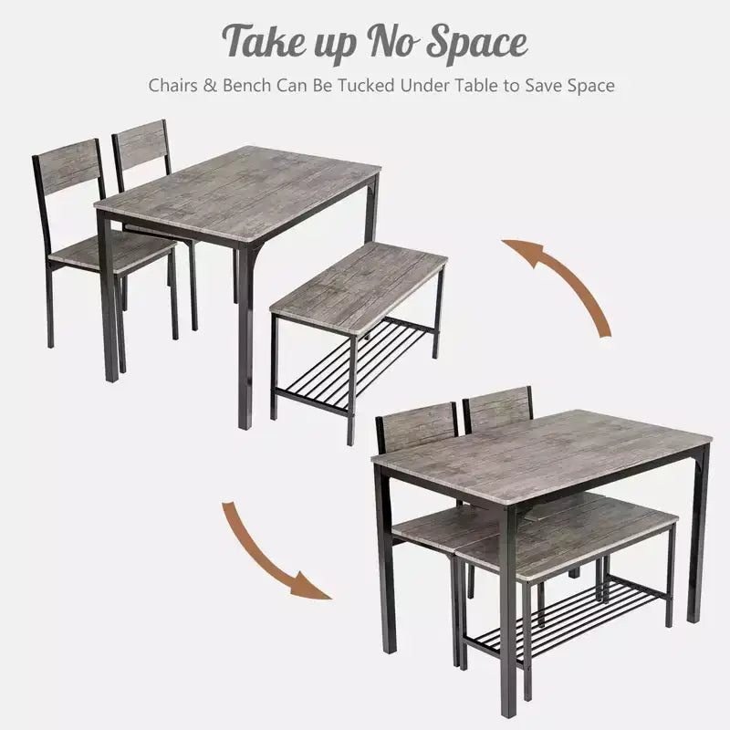 Ensemble table à manger 4 pièces Costway, bureau rustique, 2 chaises et banc avec étagère de rangement