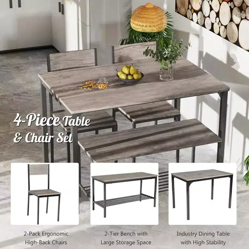 Ensemble table à manger 4 pièces Costway, bureau rustique, 2 chaises et banc avec étagère de rangement