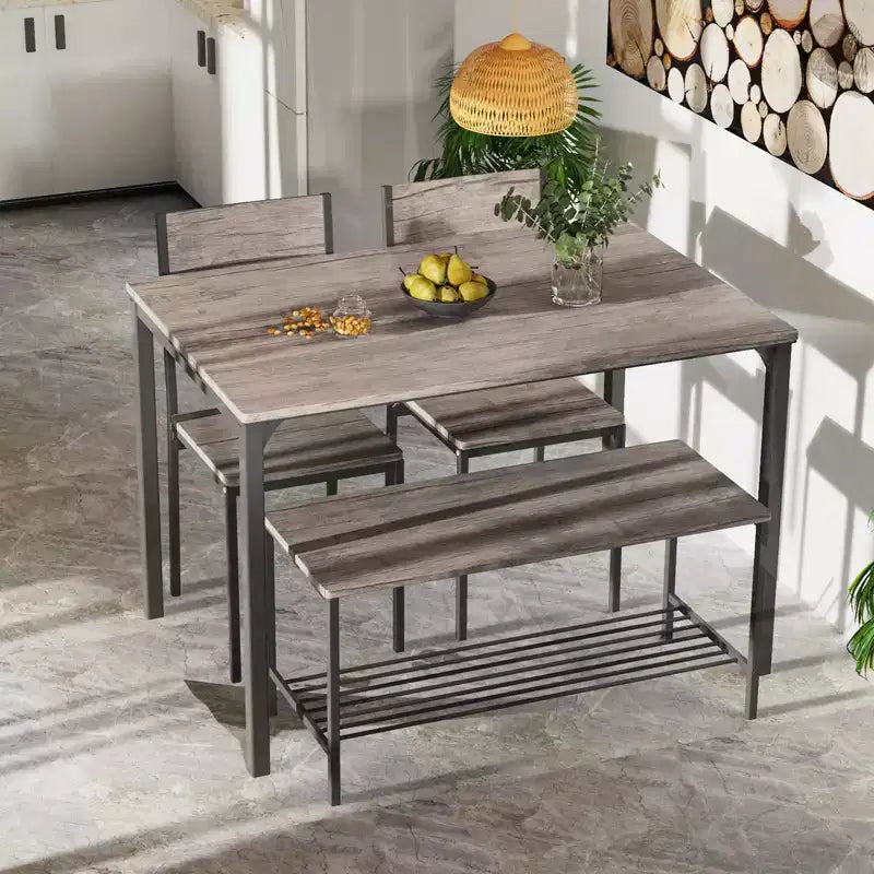 Ensemble table à manger 4 pièces Costway, bureau rustique, 2 chaises et banc avec étagère de rangement