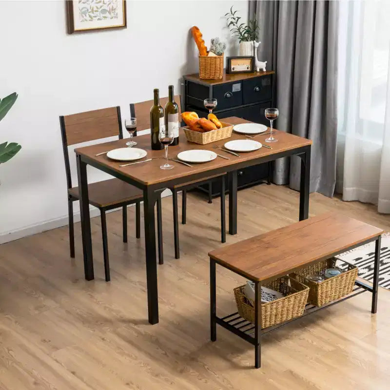 Ensemble table à manger 4 pièces Costway, bureau rustique, 2 chaises et banc avec étagère de rangement
