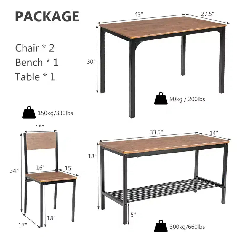 Ensemble table à manger 4 pièces Costway, bureau rustique, 2 chaises et banc avec étagère de rangement