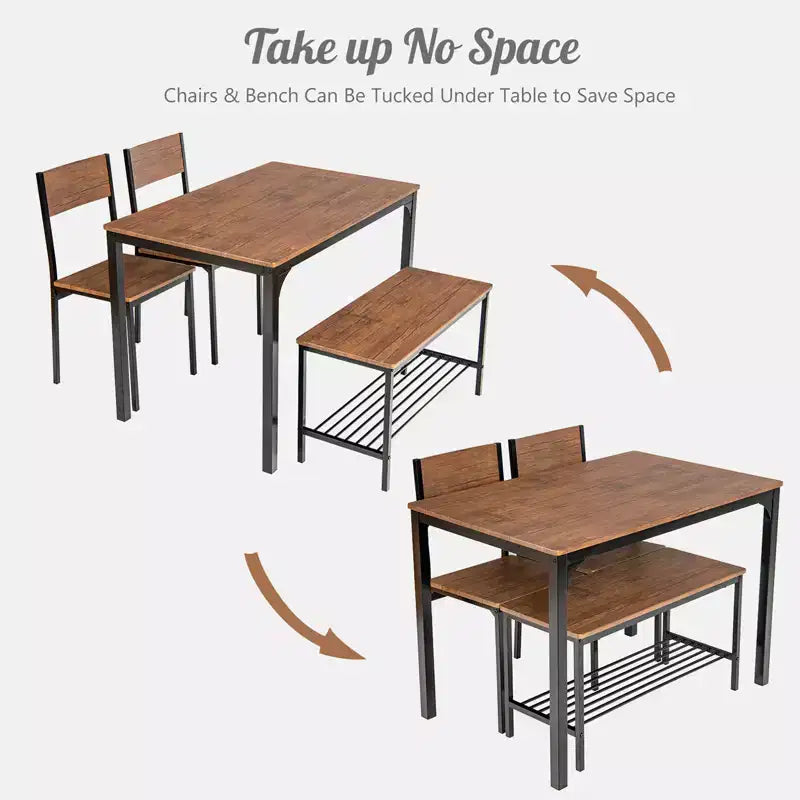 Ensemble table à manger 4 pièces Costway, bureau rustique, 2 chaises et banc avec étagère de rangement