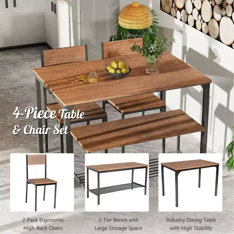 Ensemble table à manger 4 pièces Costway, bureau rustique, 2 chaises et banc avec étagère de rangement