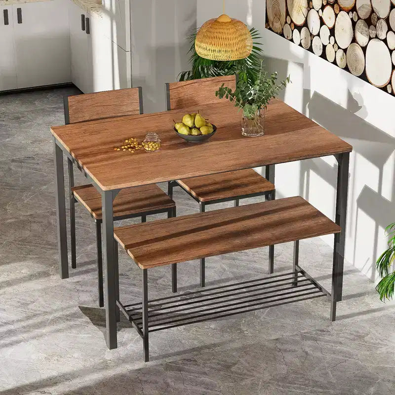 Ensemble table à manger 4 pièces Costway, bureau rustique, 2 chaises et banc avec étagère de rangement