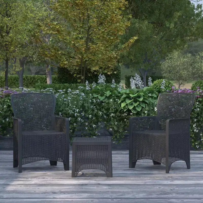 Merrick Lane Salon de jardin 3 pièces en rotin synthétique et résine, fauteuils de relaxation et table d'appoint, gris foncé