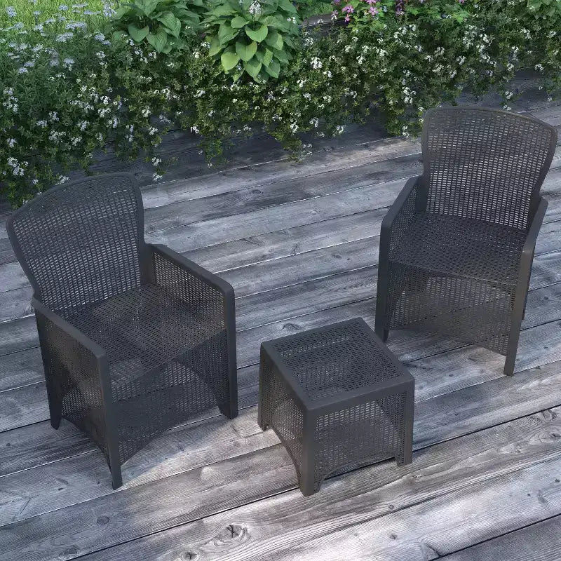 Merrick Lane Salon de jardin 3 pièces en rotin synthétique et résine, fauteuils de relaxation et table d'appoint, gris foncé