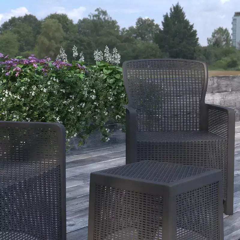 Merrick Lane Salon de jardin 3 pièces en rotin synthétique et résine, fauteuils de relaxation et table d'appoint, gris foncé
