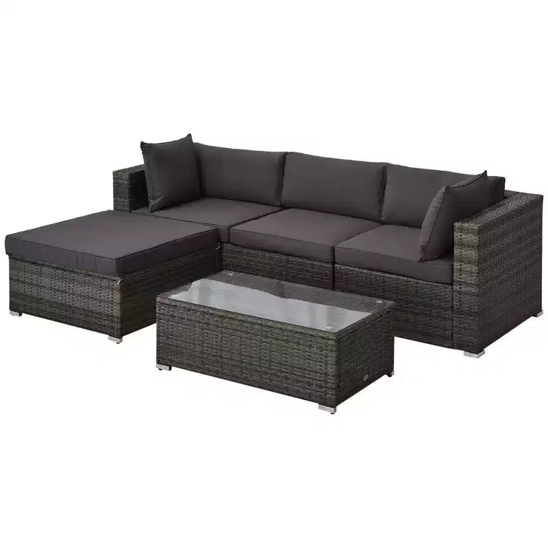 Outsunny Ensemble de mobilier de jardin 5 pièces, Canapé de terrasse, Canapé en rotin PE, Coussins, Oreillers, Ottoman, Table basse