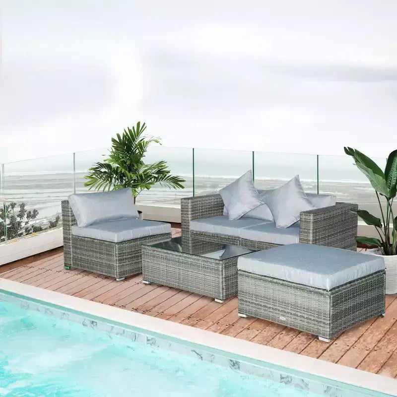 Outsunny Ensemble de mobilier de jardin 5 pièces, Canapé de terrasse, Canapé en rotin PE, Coussins, Oreillers, Ottoman, Table basse