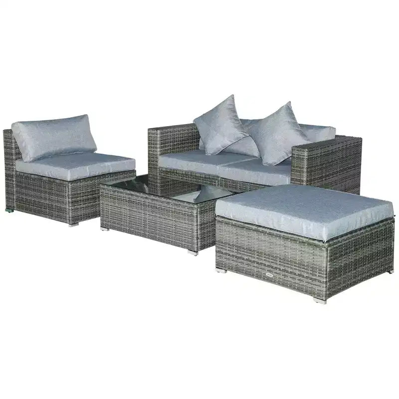 Outsunny Ensemble de mobilier de jardin 5 pièces, Canapé de terrasse, Canapé en rotin PE, Coussins, Oreillers, Ottoman, Table basse