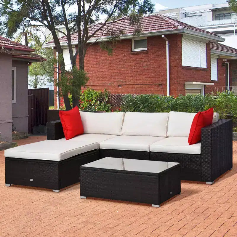 Outsunny Ensemble de mobilier de jardin 5 pièces, Canapé de terrasse, Canapé en rotin PE, Coussins, Oreillers, Ottoman, Table basse