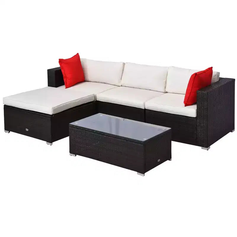 Outsunny Ensemble de mobilier de jardin 5 pièces, Canapé de terrasse, Canapé en rotin PE, Coussins, Oreillers, Ottoman, Table basse