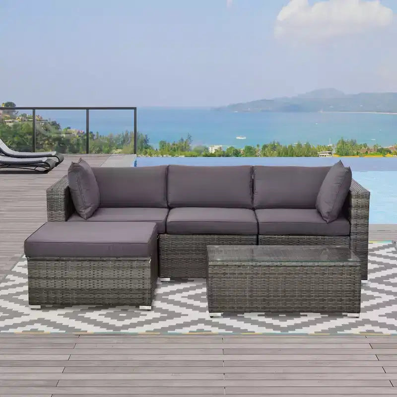 Outsunny Ensemble de mobilier de jardin 5 pièces, Canapé de terrasse, Canapé en rotin PE, Coussins, Oreillers, Ottoman, Table basse