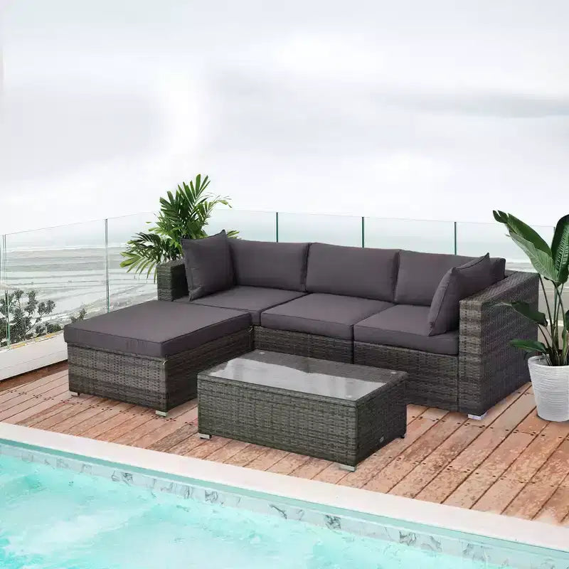 Outsunny Ensemble de mobilier de jardin 5 pièces, Canapé de terrasse, Canapé en rotin PE, Coussins, Oreillers, Ottoman, Table basse