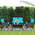 Costway 4PCS Patio Rattan Furniture Set Loveseat Sofa Coffee Table W/Turquoise Cushion