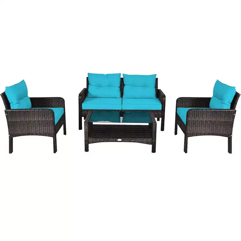Costway Ensemble de Meubles de Patio en Rotin 4 Pièces Canapé Deux Places Table Basse avec Coussins Turquoises