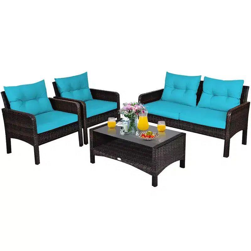 Costway Ensemble de Meubles de Patio en Rotin 4 Pièces Canapé Deux Places Table Basse avec Coussins Turquoises