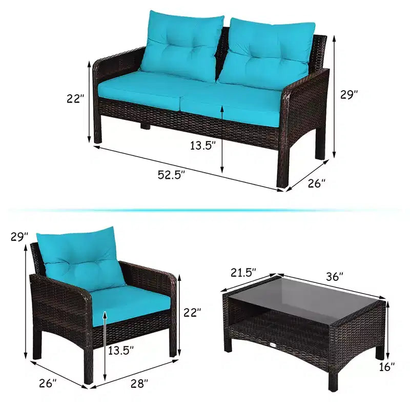 Costway Ensemble de Meubles de Patio en Rotin 4 Pièces Canapé Deux Places Table Basse avec Coussins Turquoises