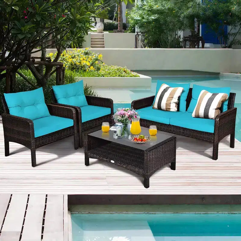 Costway Ensemble de Meubles de Patio en Rotin 4 Pièces Canapé Deux Places Table Basse avec Coussins Turquoises
