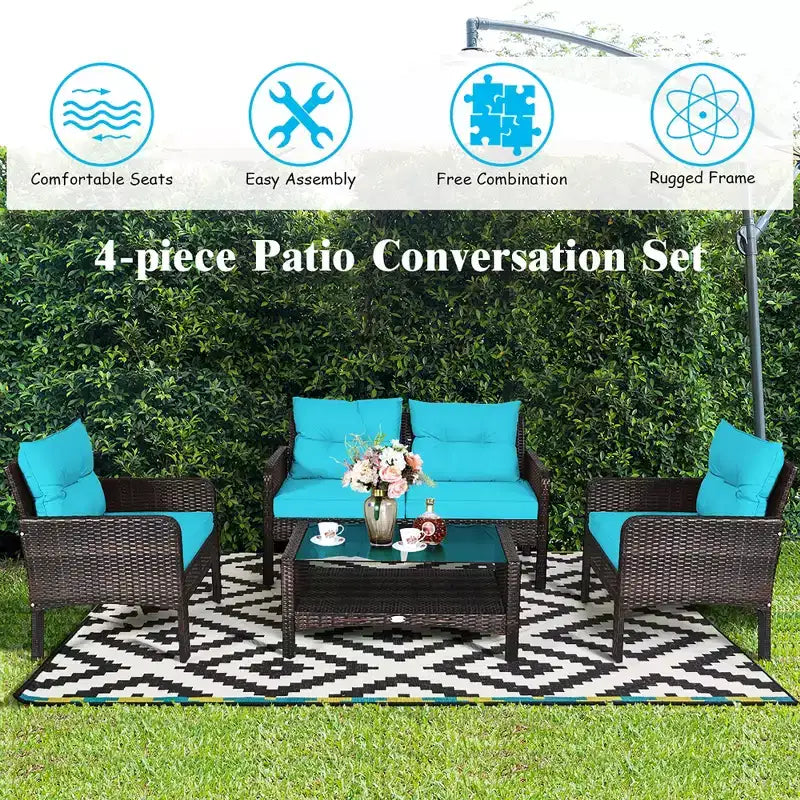 Costway Ensemble de Meubles de Patio en Rotin 4 Pièces Canapé Deux Places Table Basse avec Coussins Turquoises