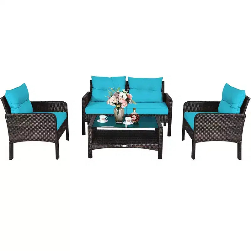 Costway Ensemble de Meubles de Patio en Rotin 4 Pièces Canapé Deux Places Table Basse avec Coussins Turquoises