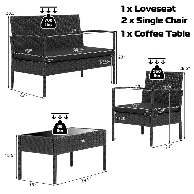 Costway Ensemble de Meubles de Jardin 4 pièces en Rotin avec Coussins, Canapé et Accoudoirs, Noir