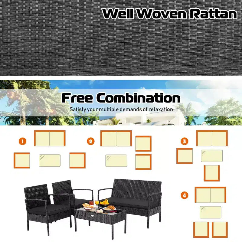 Costway Ensemble de Meubles de Jardin 4 pièces en Rotin avec Coussins, Canapé et Accoudoirs, Noir