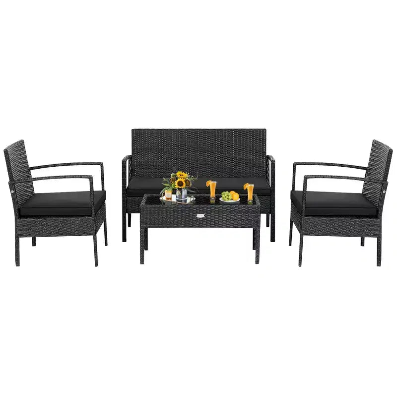 Costway Ensemble de Meubles de Jardin 4 pièces en Rotin avec Coussins, Canapé et Accoudoirs, Noir