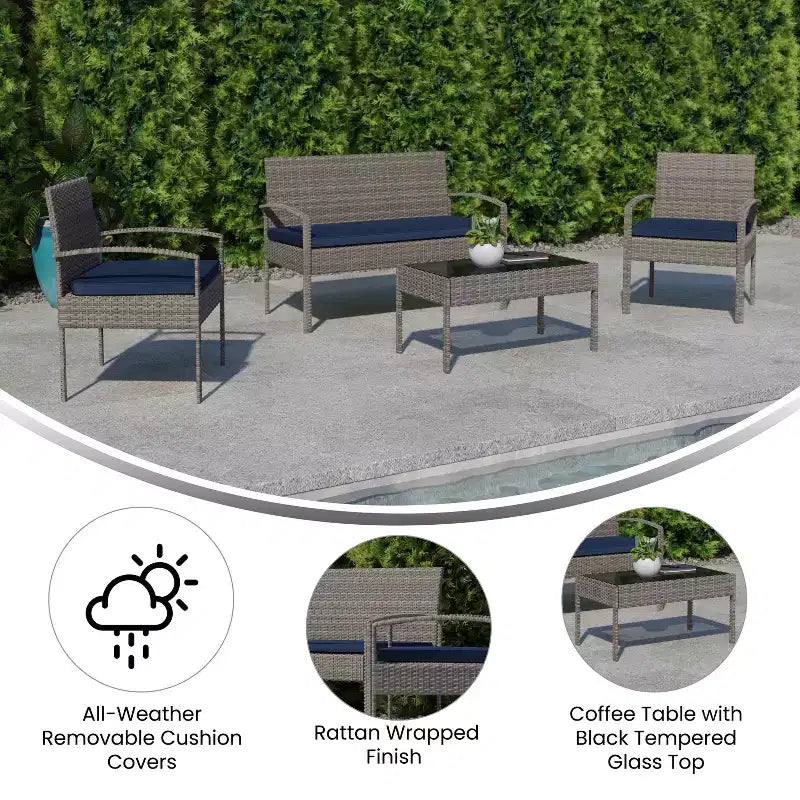 Flash Furniture Ensemble de patio 4 pièces Aransas avec structure en acier et coussins