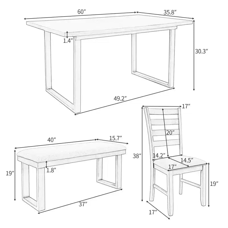 Ensemble de salle à manger rustique 6 pièces en bois avec chaises et banc, gris - ModernLuxe