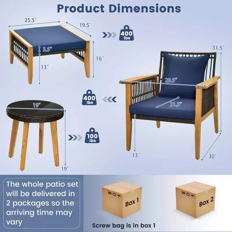 Ensemble de 5 pièces de mobilier de patio en bois d'acacia et osier tressé Costway avec table basse et 2 poufs Bleu marine/Beige