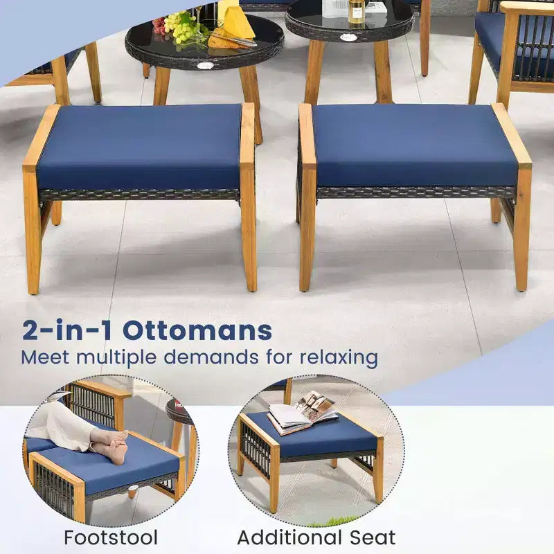 Ensemble de 5 pièces de mobilier de patio en bois d'acacia et osier tressé Costway avec table basse et 2 poufs Bleu marine/Beige