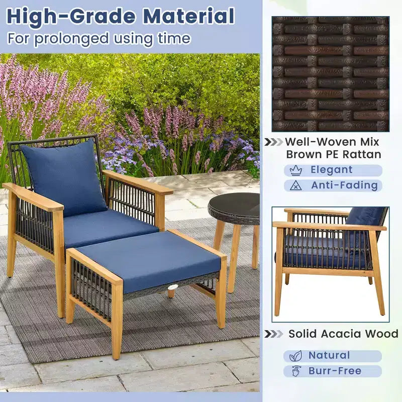 Ensemble de 5 pièces de mobilier de patio en bois d'acacia et osier tressé Costway avec table basse et 2 poufs Bleu marine/Beige