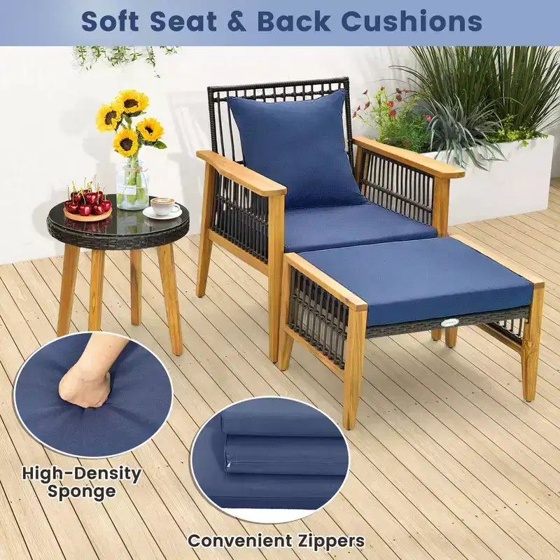 Ensemble de 5 pièces de mobilier de patio en bois d'acacia et osier tressé Costway avec table basse et 2 poufs Bleu marine/Beige
