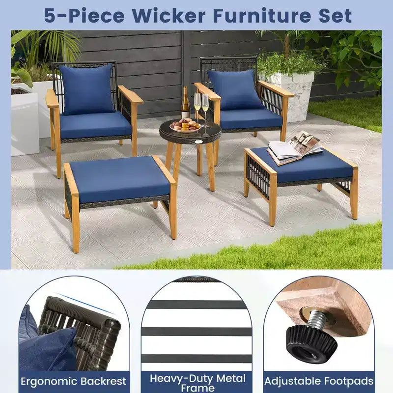Ensemble de 5 pièces de mobilier de patio en bois d'acacia et osier tressé Costway avec table basse et 2 poufs Bleu marine/Beige