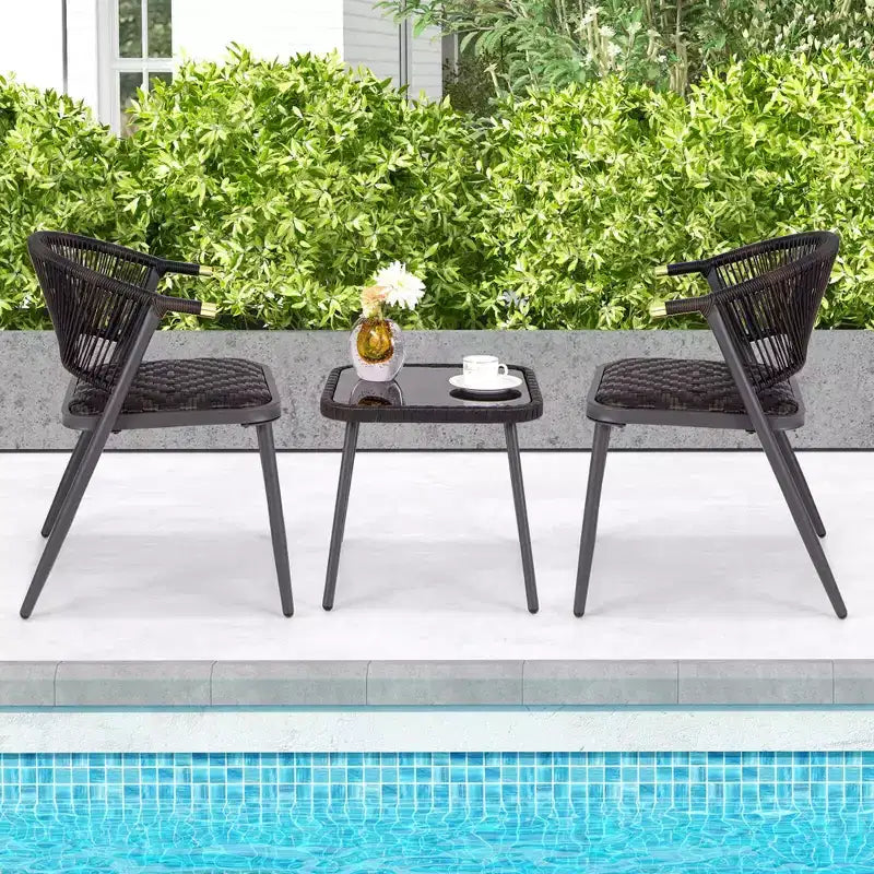 Costway Ensemble de Meubles de Jardin en Rotin 3 Pièces avec Plateau de Table en Verre Trempé et Sièges en Osier
