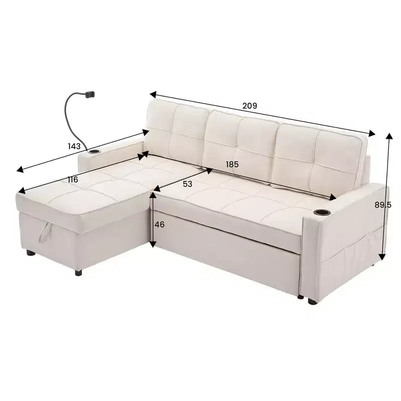 Hyleory Canapé d'angle convertible 3 places en velours de 208,8 cm