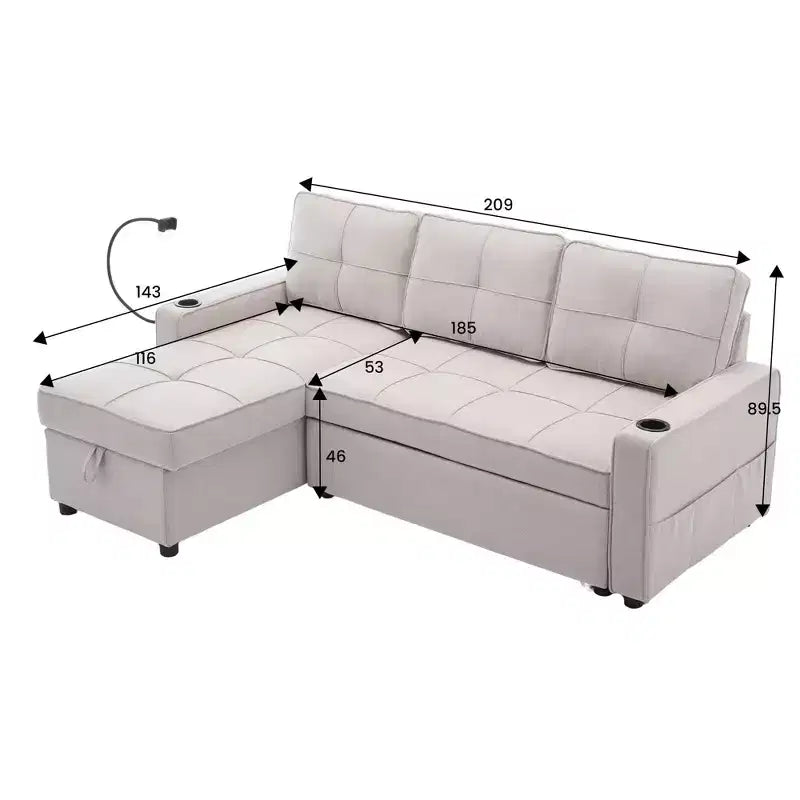 Hyleory Canapé d'angle convertible 3 places en velours de 208,8 cm