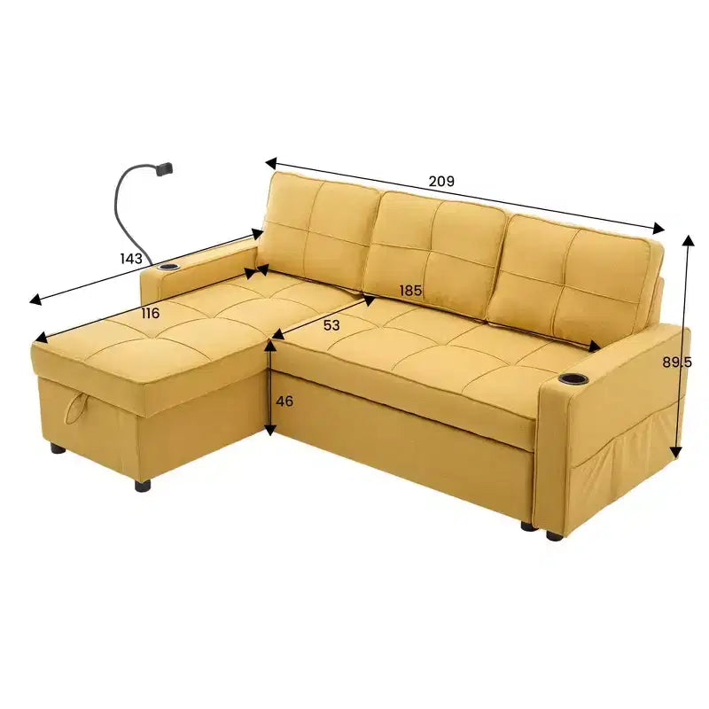 Hyleory Canapé d'angle convertible 3 places en velours de 208,8 cm