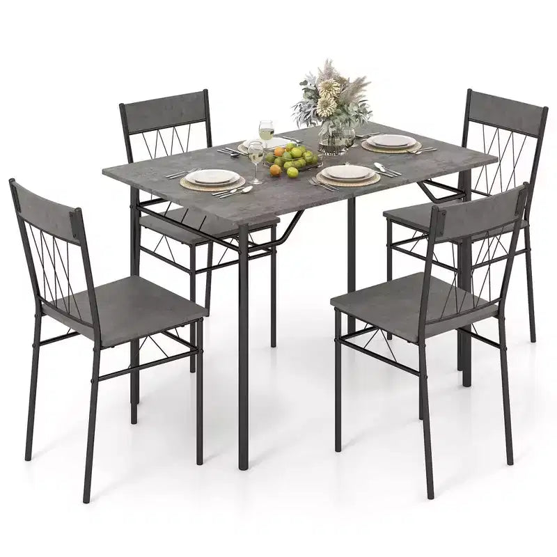 Costway Ensemble de 5 pièces de table de salle à manger pour 4 personnes, table de cuisine rectangulaire et 4 chaises avec cadre en métal gris ciment/noir