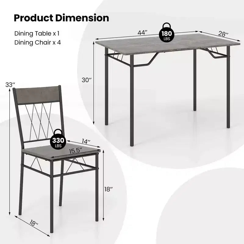 Costway Ensemble de 5 pièces de table de salle à manger pour 4 personnes, table de cuisine rectangulaire et 4 chaises avec cadre en métal gris ciment/noir