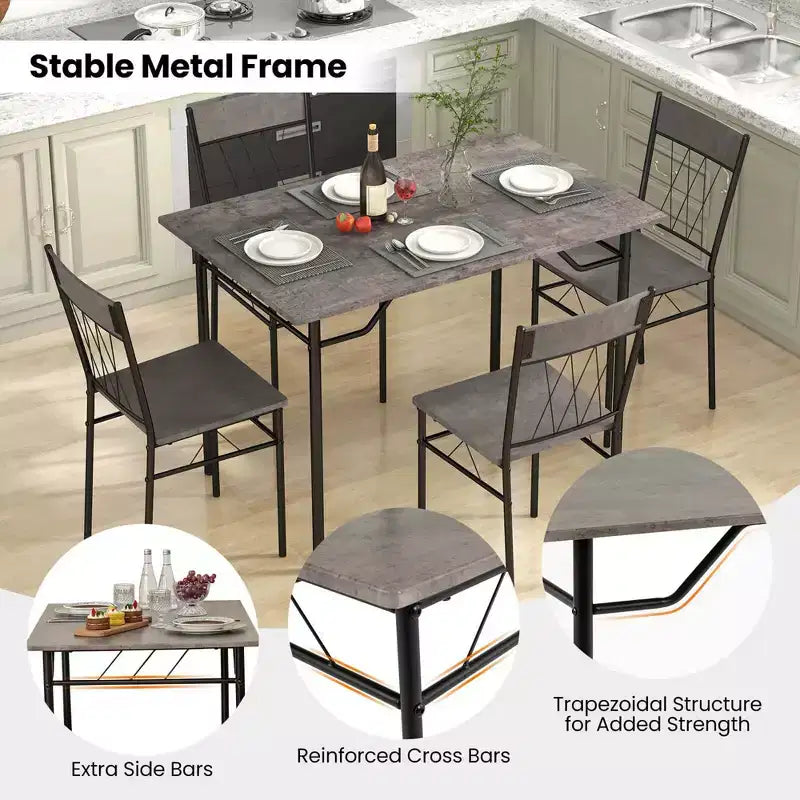 Costway Ensemble de 5 pièces de table de salle à manger pour 4 personnes, table de cuisine rectangulaire et 4 chaises avec cadre en métal gris ciment/noir