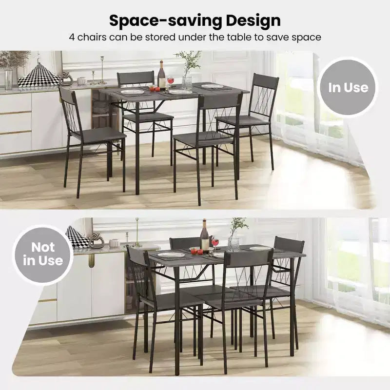 Costway Ensemble de 5 pièces de table de salle à manger pour 4 personnes, table de cuisine rectangulaire et 4 chaises avec cadre en métal gris ciment/noir